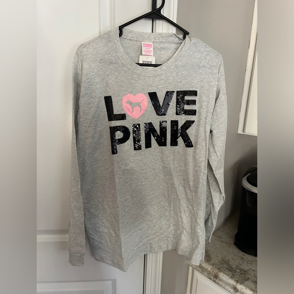VS PINK BLING SHINE CAMPUS TEE LONG SLEEVE PINK ORIGINALS MEDIUM NWT